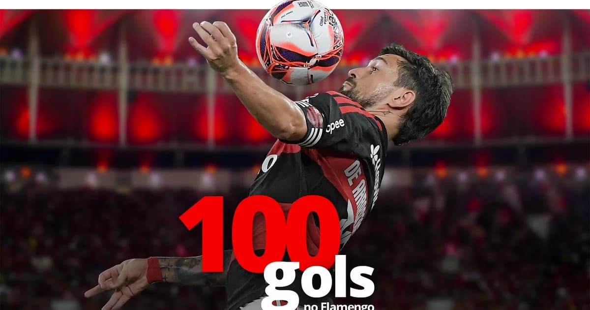 Ilustração editorial: Arrascaeta (meia uruguaio) em silhueta comemorando 100 gols pelo Flamengo; placar '100', estádio e confete.