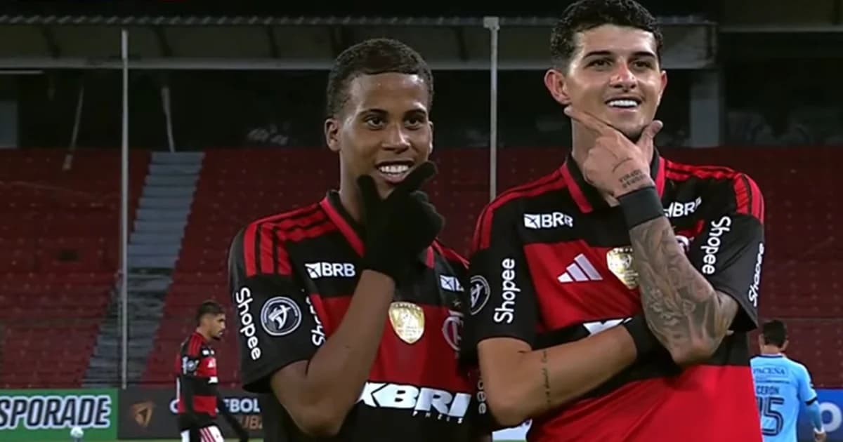 Ilustração editorial: Flamengo Sub-20 comemora gol 4x1 em Quito contra equipe azul; estádio lotado, cartão vermelho e clima de Libertadores.