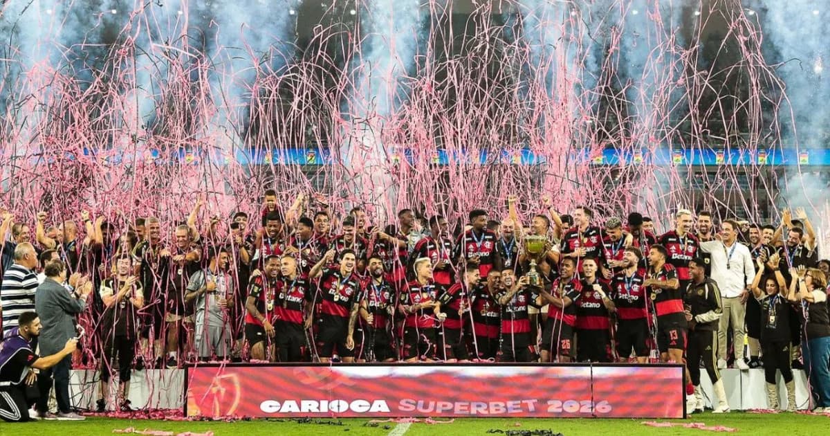 Ilustração editorial de estádio lotado no Rio, torcida em vermelho, placar com 26 pontos e 45% de audiência, clima de final.