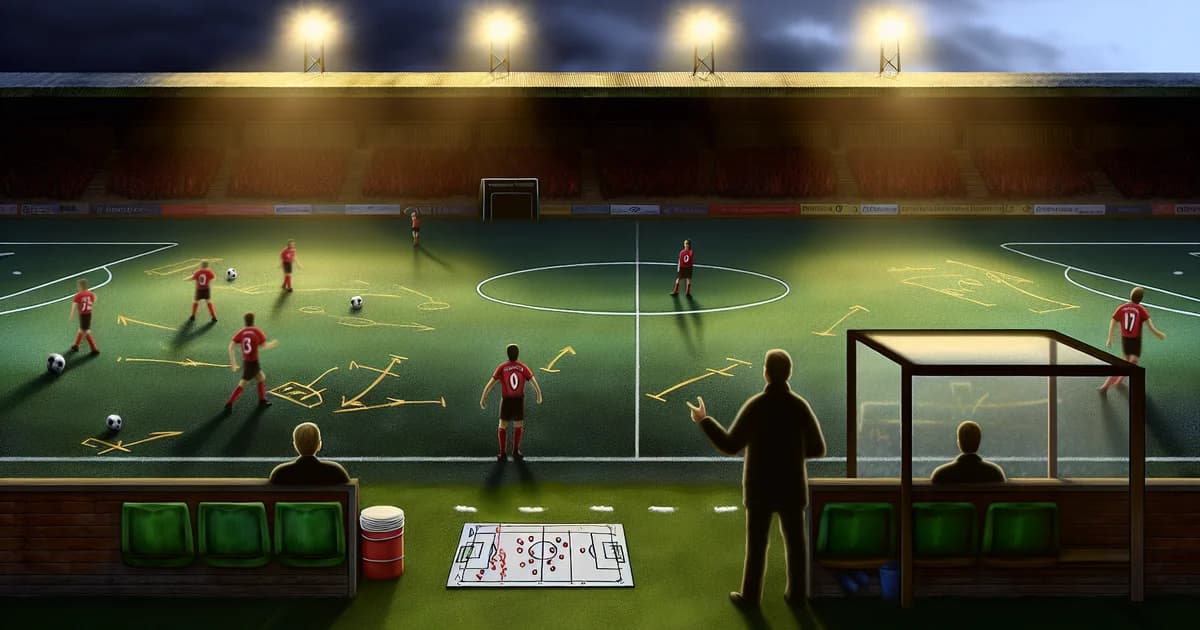 Ilustração editorial de estádio com clube rubro-negro em busca de atacante de área; jogador improvisado, comissão técnica e torcida apreensiva