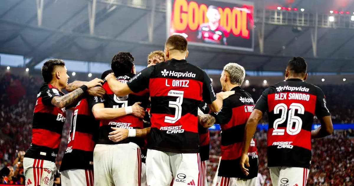 Ilustração editorial: estádio, Flamengo empata 2 a 2, jogadores abatidos e treinador na beira do campo assumindo responsabilidade