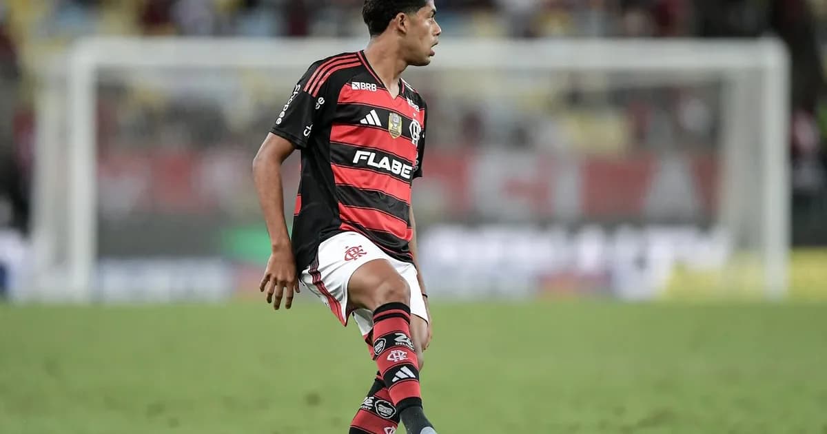 Ilustração editorial: estádio com jovem jogador em silhueta diante de holograma “€25M”, torcida e clima de negociação; Flamengo, João Souza