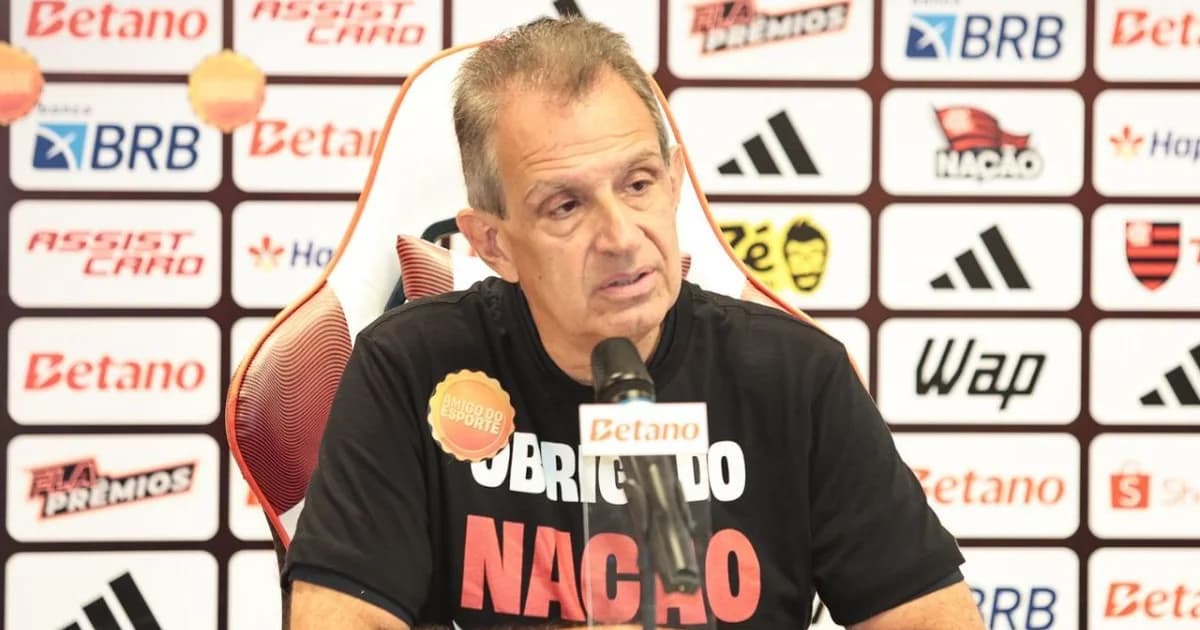 Estádio ilustrado com documento gigante no campo, torcedores em silhueta e placar 'R$150M' — decisões judiciais e acordo Flamengo.
