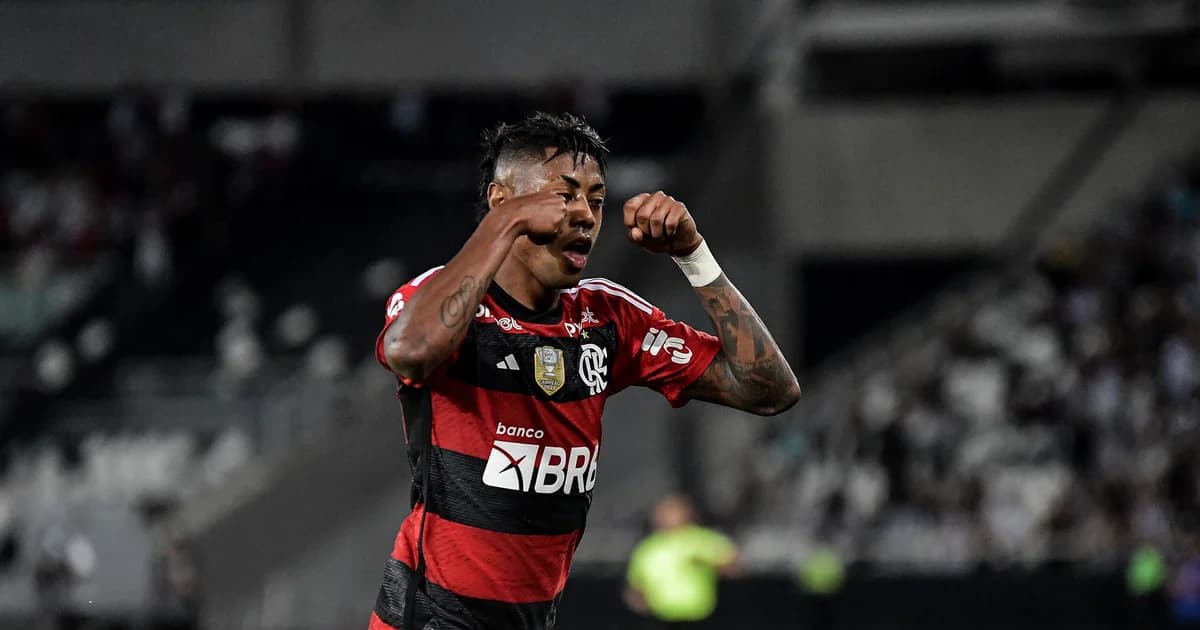 Ilustração editorial do clássico no Nilton Santos: jogadores em vermelho/preto e preto/branco em lance decisivo, torcida vibrante e iluminação noturna.