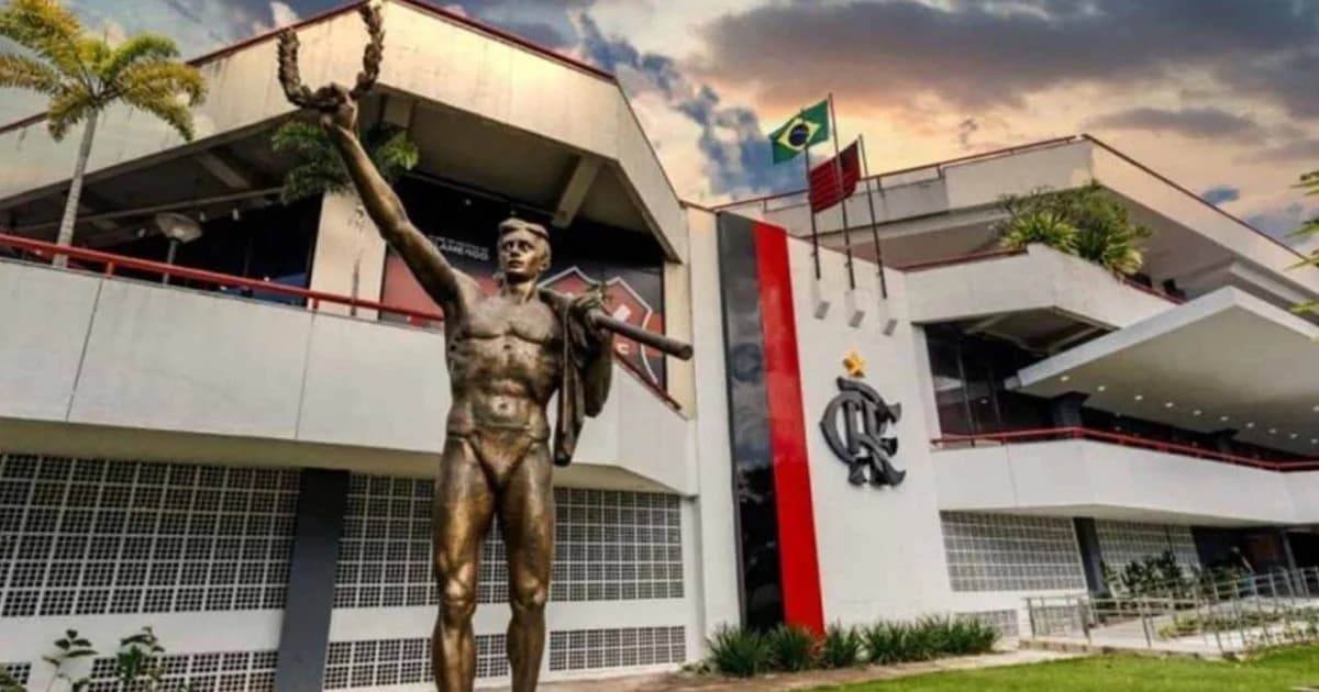 Ilustração editorial de estádio da Série A com tons rubro-negros sugerindo Flamengo, jogadores em ação e gráficos de fair play financeiro.