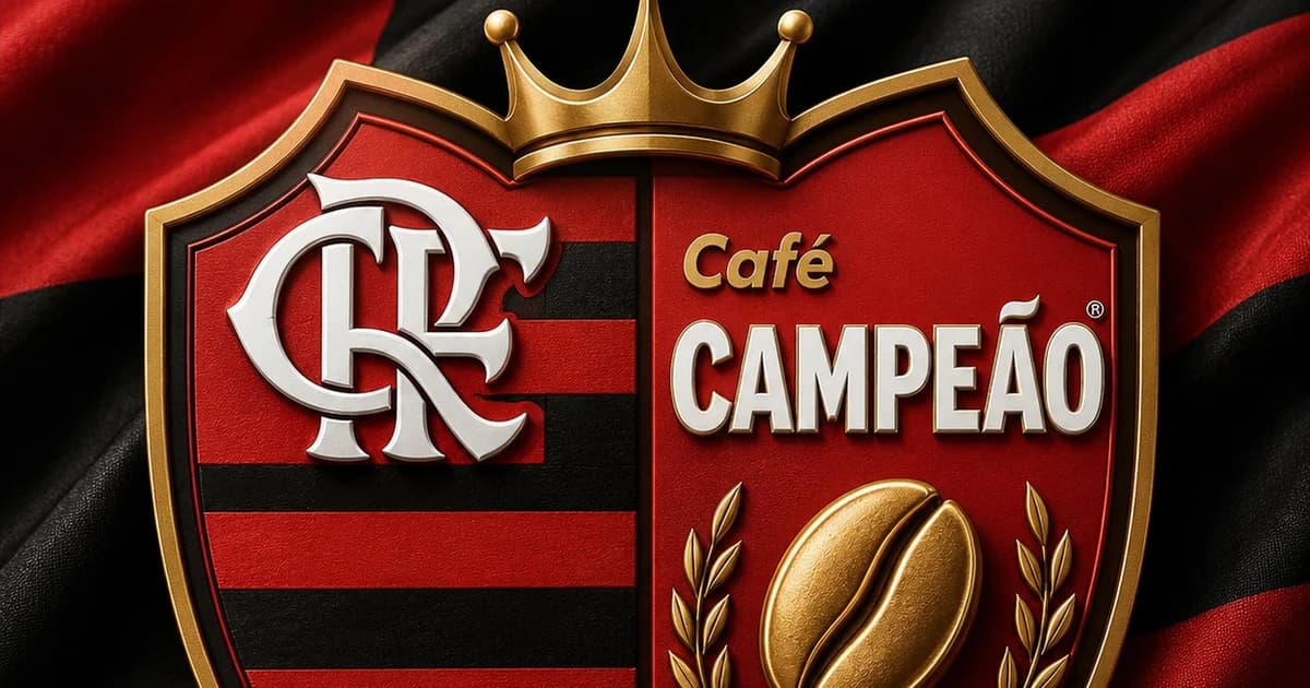 Torcedor anônimo com copo de café vermelho e preto no estádio; torcida do Flamengo ao fundo, atmosfera de parceria e celebração