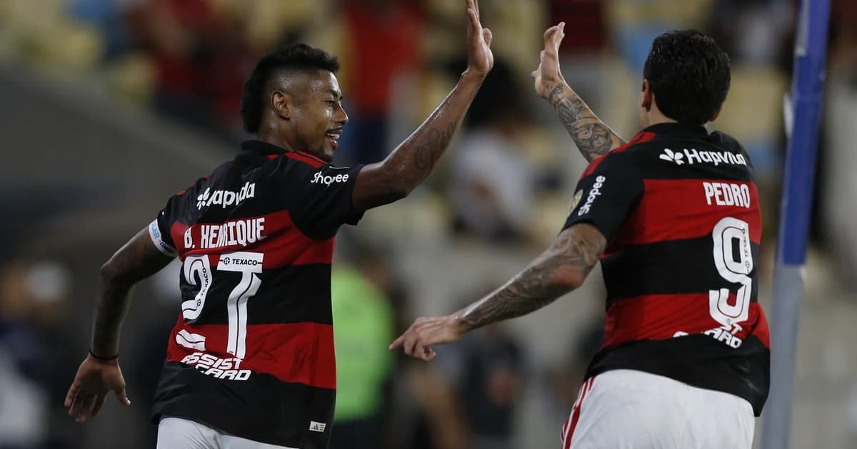 Ilustração do Maracanã com jogadores anônimos celebrando vitória do Flamengo por 3 a 0 e torcida rubro-negra em festa