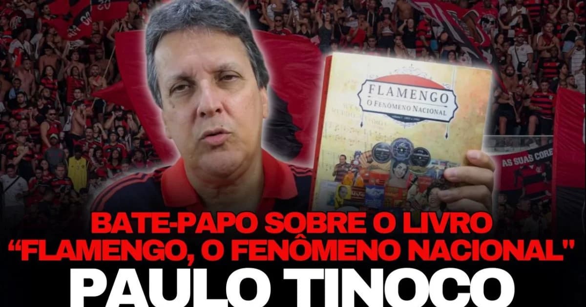 Torcida rubro-negra em estádio ao pôr do sol, bandeiras e confetes, com recortes históricos em sépia que evocam identidade e história do Flamengo