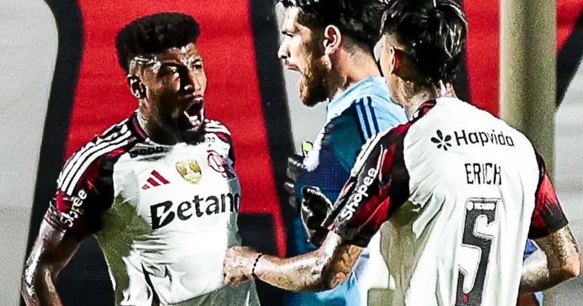 Ilustração editorial do jogo em La Fortaleza: silhuetas de jogadores do Flamengo e Lanús, torcida vibrante e iluminação noturna.