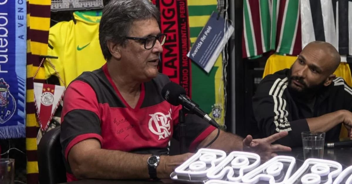 Ilustração editorial: livro aberto no gramado, estádio antigo, figuras sem rosto, samba e elementos culturais em tons rubro-negros.