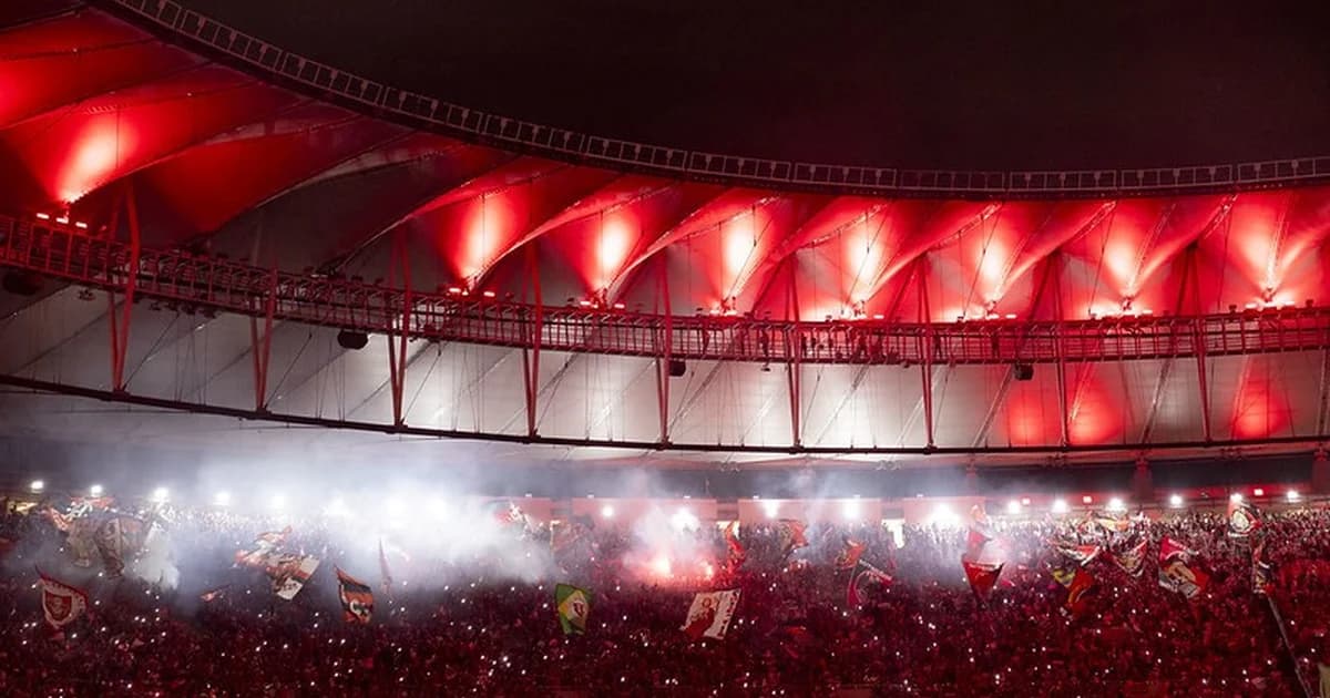 Ilustração do Maracanã com torcida do Flamengo mobilizada por desaparecidos, banners com silhuetas e clima de solidariedade.