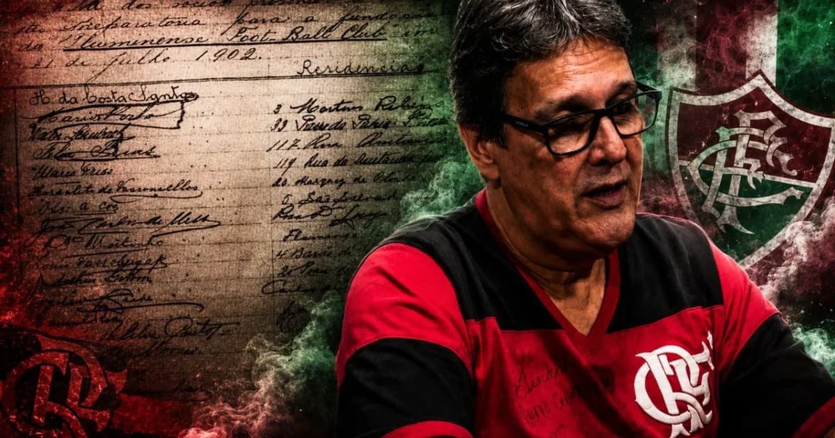 Ilustração editorial mostrando mãos assinando documentos antigos, bola de couro e estádio ao fundo, tema Fla‑Flu e origem do Flamengo e Fluminense