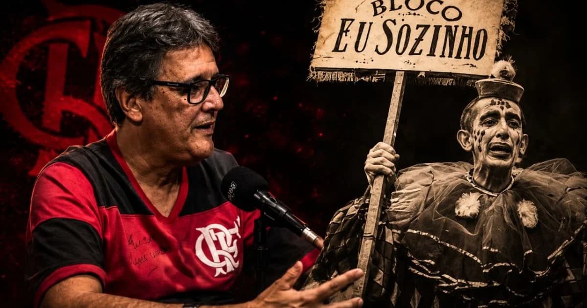 Ilustração editorial de estádio histórico com faixa antiga 'Uma vez Flamengo, sempre Flamengo', cores rubro-negras e torcida em silhuetas.