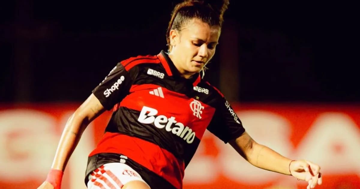 Ilustração editorial do clássico Flamengo x Botafogo no Estádio Nilton Santos: jogadoras femininas em ação, torcida, iluminação e tensão pré-jogo.
