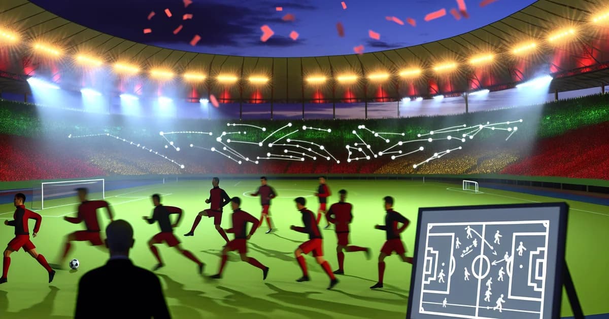 Ilustração editorial do Maracanã à noite: jogadores em uniforme vermelho e preto, técnico com quadro tático e torcida tensa na semifinal do Carioca.