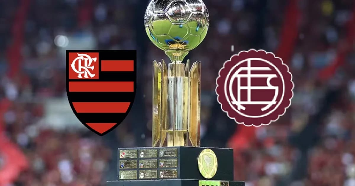 Ilustração editorial: jogo da Recopa em La Fortaleza, mandante de grená enfrenta Flamengo vermelho-e-preto, estádio lotado à noite