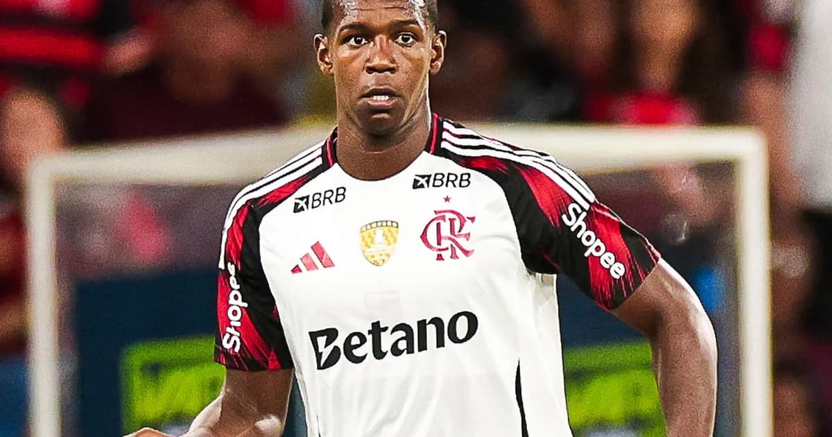 Ilustração de zagueiro de 16 anos assinando renovação com estádio ao fundo, malas de viagem e menção à multa de €50M
