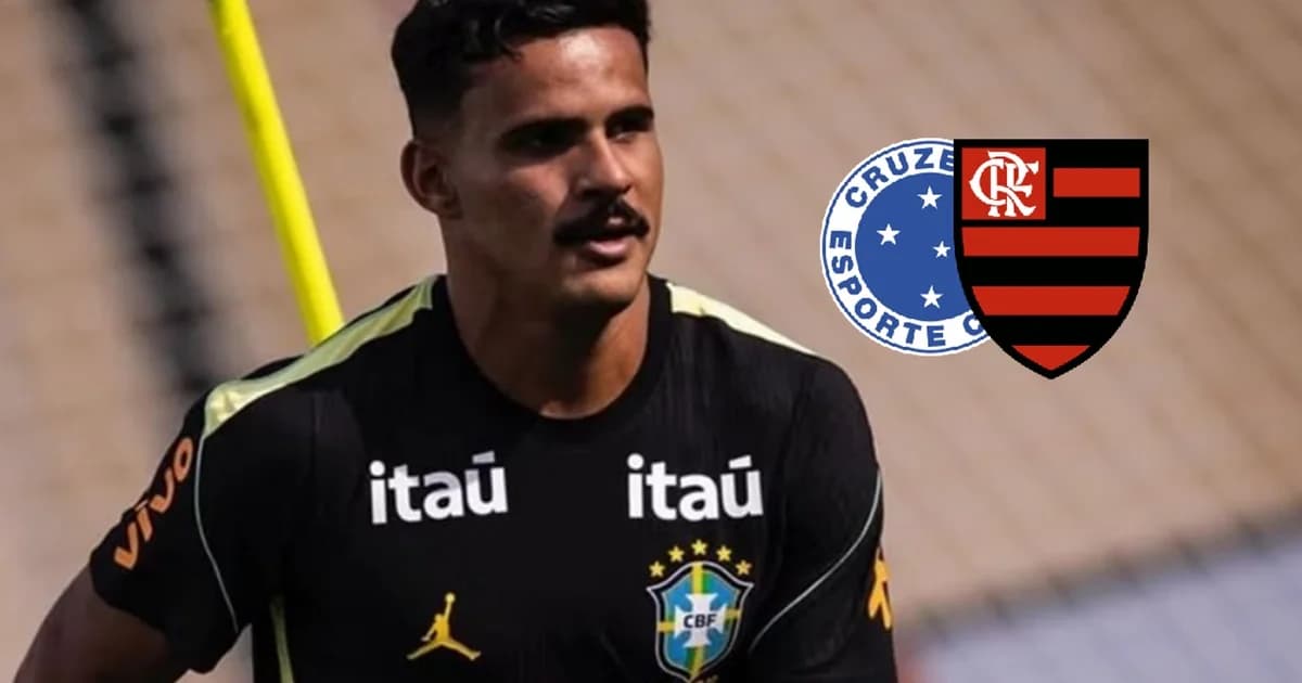 Ilustração editorial de negociação de empréstimo entre Flamengo e Cruzeiro: lateral, contrato flutuante e estádio ao fundo