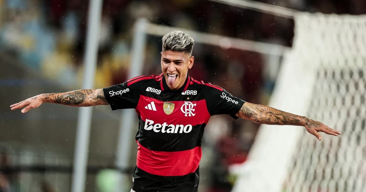 Ilustração editorial no Maracanã: jogador do Flamengo celebra gol, placar 2-0, torcida dividida; cores vermelho, preto e azul.