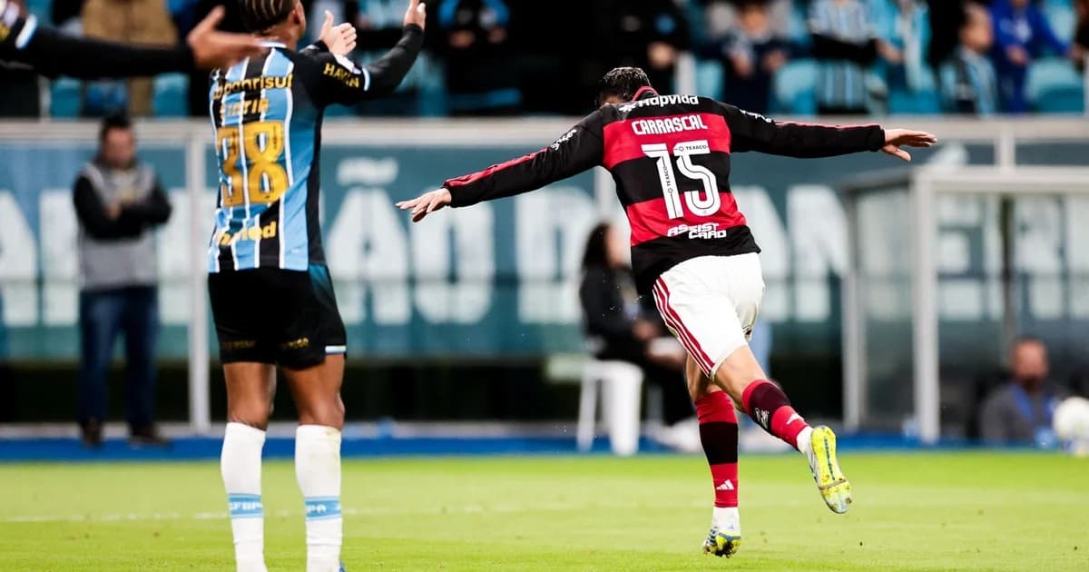 Ilustração editorial: vitória do Flamengo por 1 a 0 em Porto Alegre, jogador em vermelho e preto marca; adversários em azul e branco reagem.