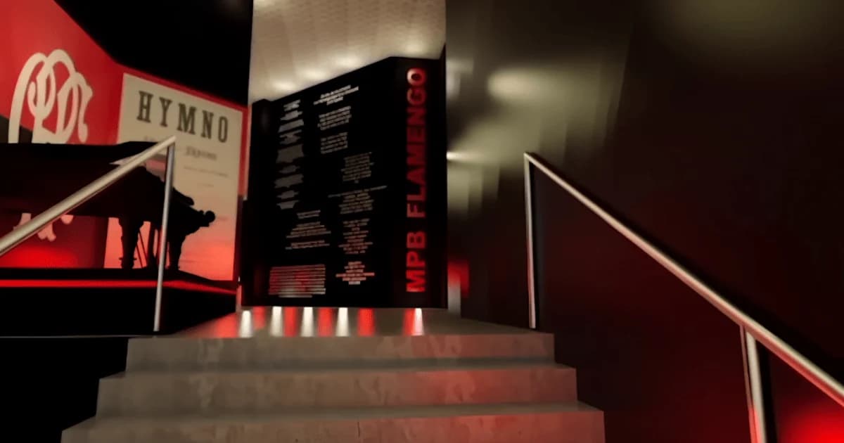 Ilustração editorial do Museu Flamengo em expansão: áreas interativas, público diverso, atmosfera futebolística e espaço de convivência.