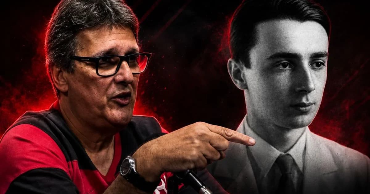 Mesa de arquivo com partituras, jornais e lupa; silhueta de cantor diante de estádio com bandeiras vermelho e preto — revisão histórica Noel Rosa e Flamengo.