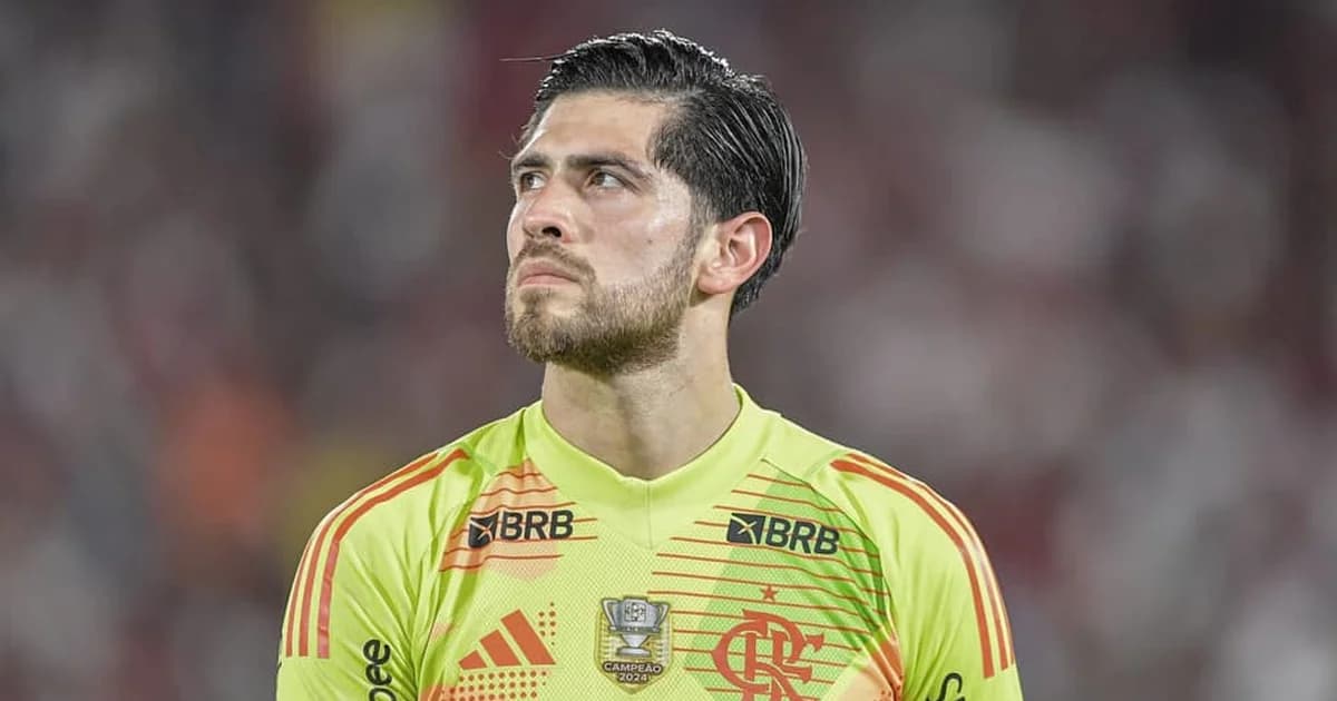 Goleiro Rossi em destaque num estádio noturno, mergulhando para defesa; silhuetas de olheiros e pistas de transferência.