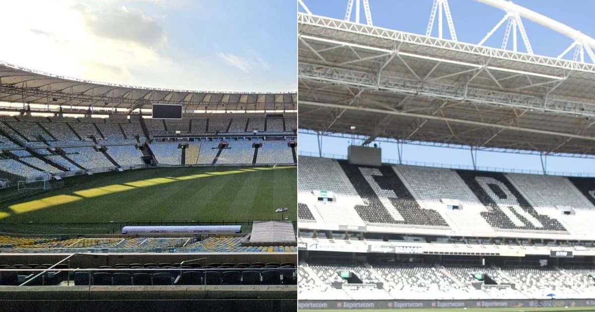 Ilustração do Maracanã: segurança inspeciona adesivo político na mão de torcedor, torcida e cartazes, regulamento em destaque
