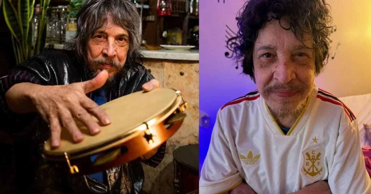 Silhueta de músico em piano que vira arquibancada, faixas vermelho e preto, torcida e confetes, homenagem ao legado musical e ao futebol.