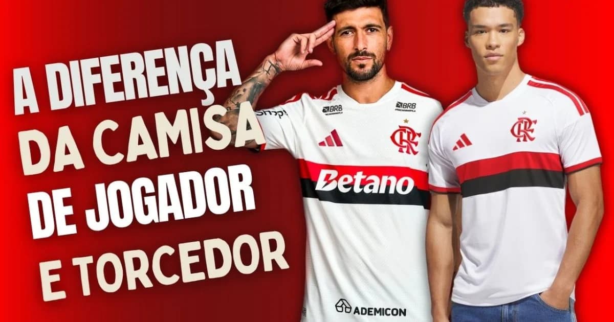 Ilustração editorial da camisa branca do Flamengo 2026 com faixas rubro-negras no peito, torcida e estádio ao fundo