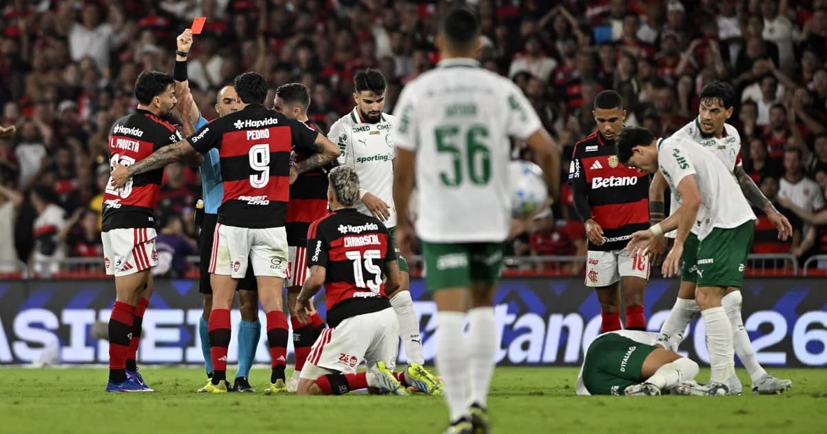 Ilustração editorial: CBF confirma expulsão, árbitro mostra cartão vermelho após revisão do VAR aos 21' no Campeonato Brasileiro.