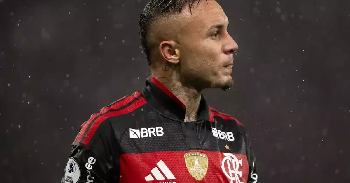Ilustração de jogador em transição do Flamengo ao Santos: estádio dividido (vermelho/preto vs branco), torcida, contrato — Everton Cebolinha
