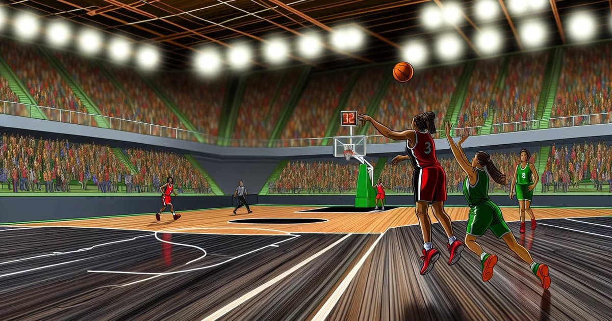 Ilustração editorial de jogo Flamengo x Bauru no NBB: jogadores em ação na quadra, torcida vibrando e placar apertado.