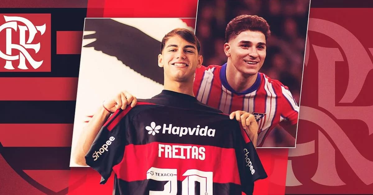 Apresentação de um jovem centroavante ao lado do Ninho do Urubu, torcida rubro‑negra, campo e contrato assinado.