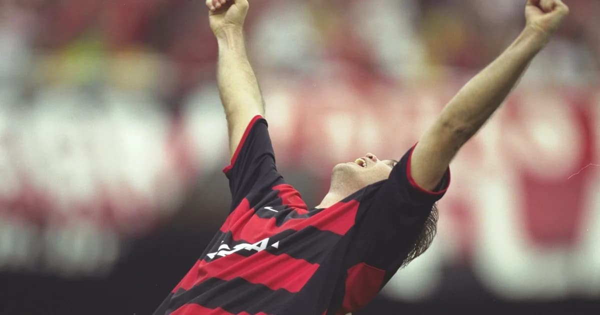 Ilustração do gol decisivo no Maracanã: jogador em silhueta, torcida rubro-negra em êxtase e sessão de autógrafos pelos 25 anos.