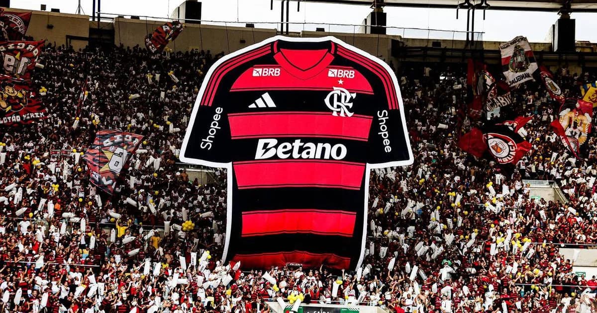 Ilustração do Maracanã com mosaico 3D nas arquibancadas, charanga de 75 músicos e torcida do Flamengo celebrando antes do clássico.