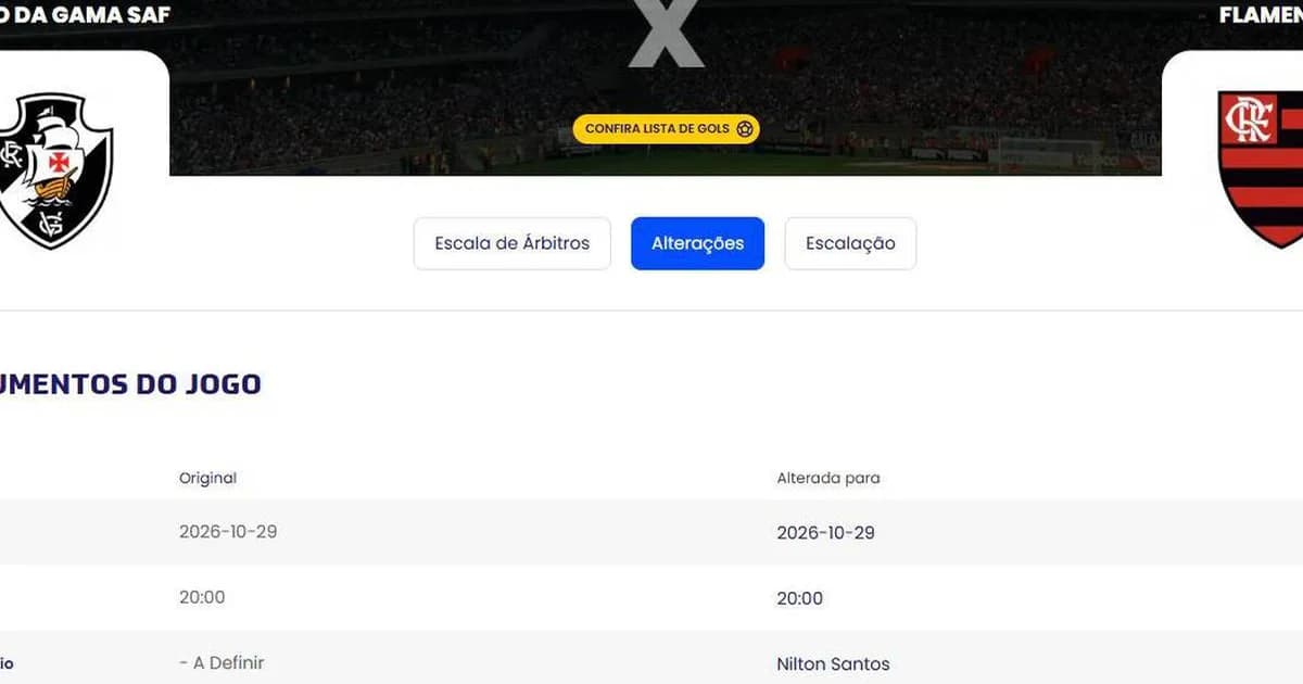 Ilustração do clássico Vasco x Flamengo no Nilton Santos: estádio iluminado à noite, torcida dividida e jogadores em ação