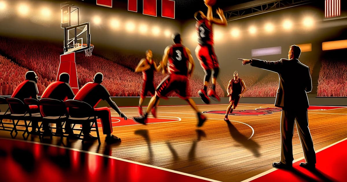 Ilustração editorial de basquete: jogada em quadra, técnico confiante na lateral e torcida vibrando; atmosfera de confiança e evolução.