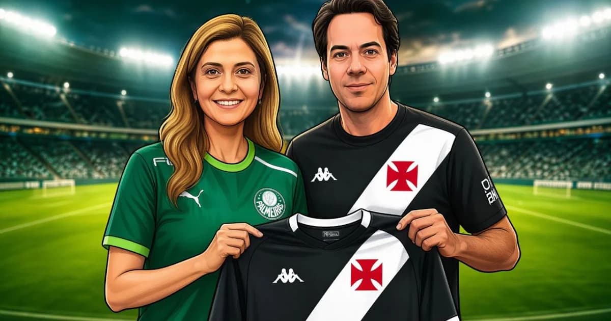 Ilustração editorial de estádio com dirigentes anônimos disputando contrato brilhante e dinheiro; tema conflito na venda da SAF do Flamengo