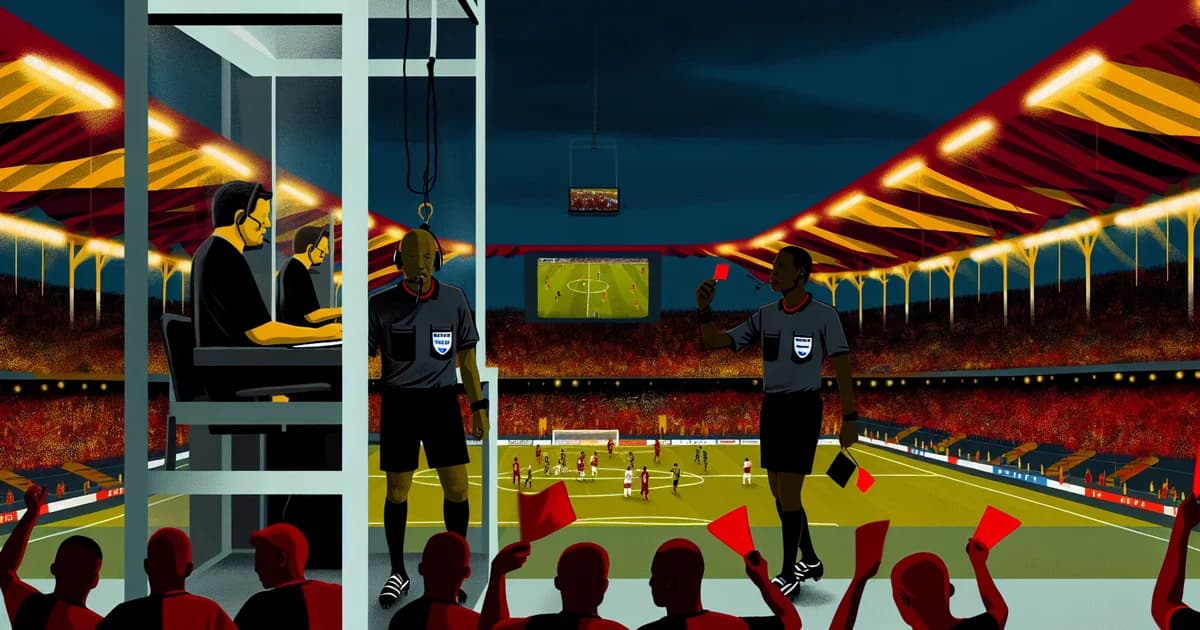 Ilustração editorial: arbitragem uruguaia no Maracanã, árbitro com cartão e VAR ao fundo, torcida em vermelho e vinho