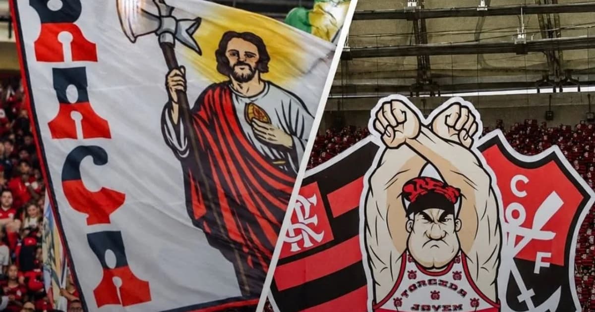 Ilustração editorial: estádio do Flamengo com arquibancadas divididas entre torcidas organizadas e apoiadores políticos, clima tenso