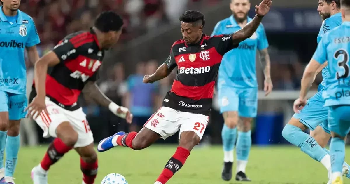 Ilustração editorial: jogo tenso na Vila Belmiro, jogadores em disputa, torcida vibrante; Flamengo e Santos pela liderança