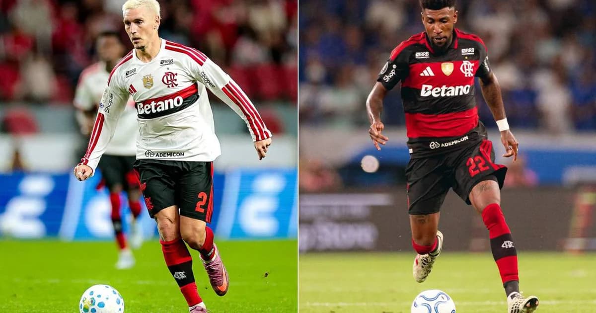 Duelo pela lateral direita: jogador do Flamengo em vermelho e preto à frente de rival em amarelo, estádio ao entardecer, torcida vibrando