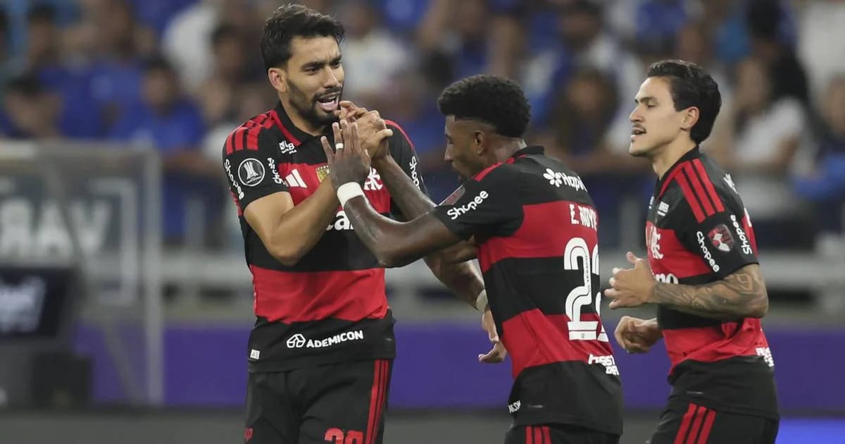 Ilustração editorial: empate 1x1 na Libertadores, torcida de Flamengo e Cruzeiro no Mineirão, clima tenso antes da decisão no Maracanã