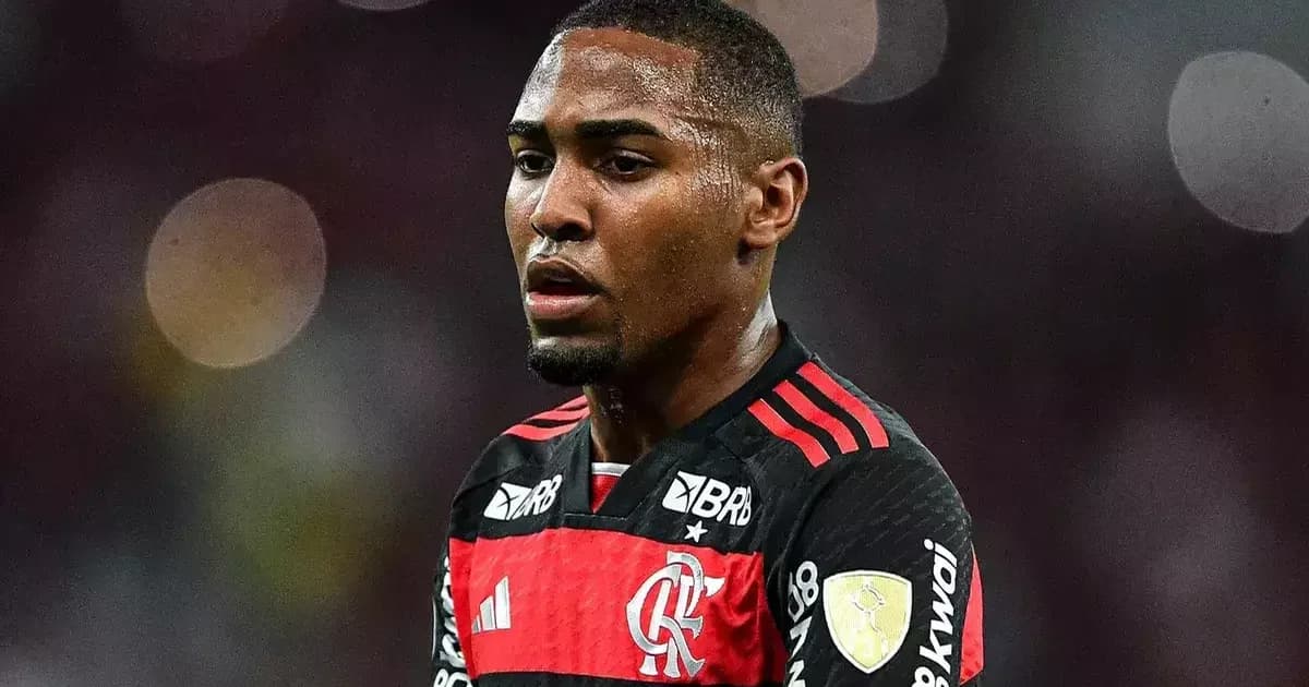 Lorran deixando estádio do Flamengo, meia de 20 anos com camisa vermelho-preto e contrato flutuando rumo a Sharjah.