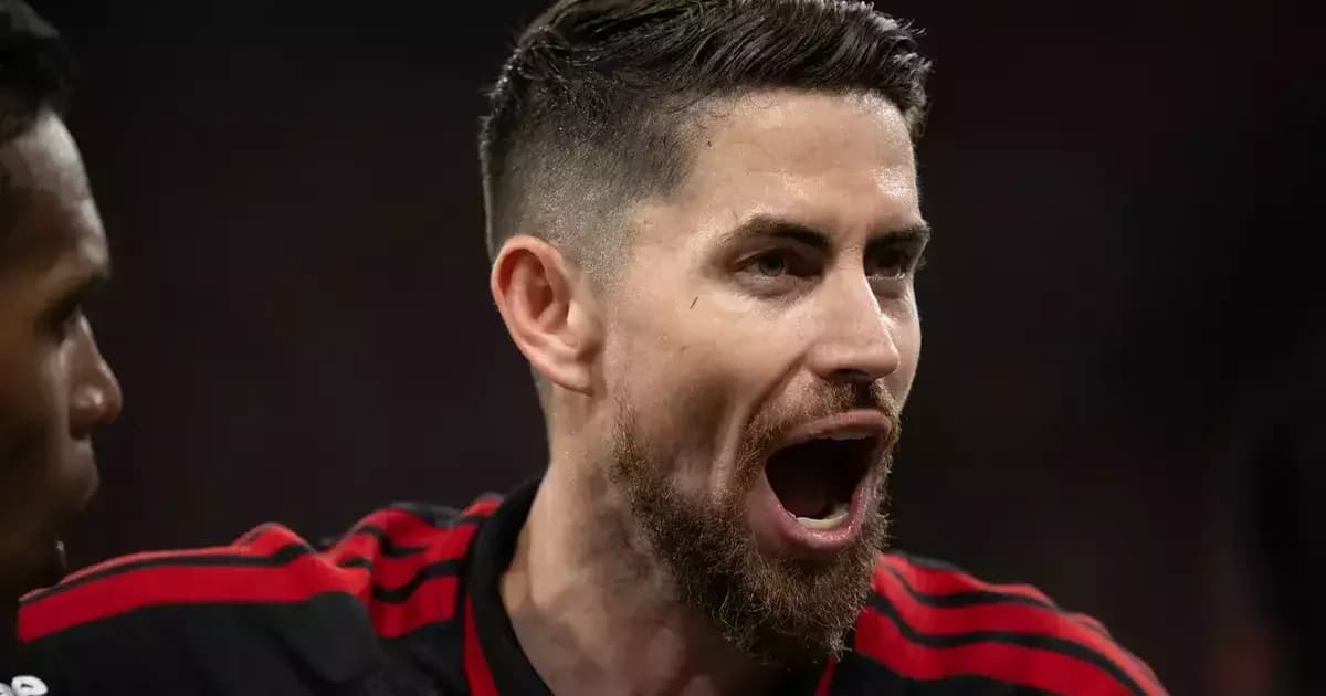 Ilustração editorial: meio-campista do Flamengo (Jorginho) celebra retorno ao Brasil com taça continental, estádio lotado e torcida em vermelho e preto.