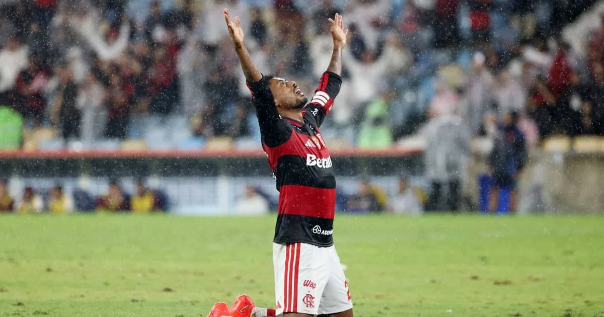 Ilustração editorial do Maracanã: torcida do Flamengo celebrando liderança após vitória por 2x1, jogador em silhueta finalizando.