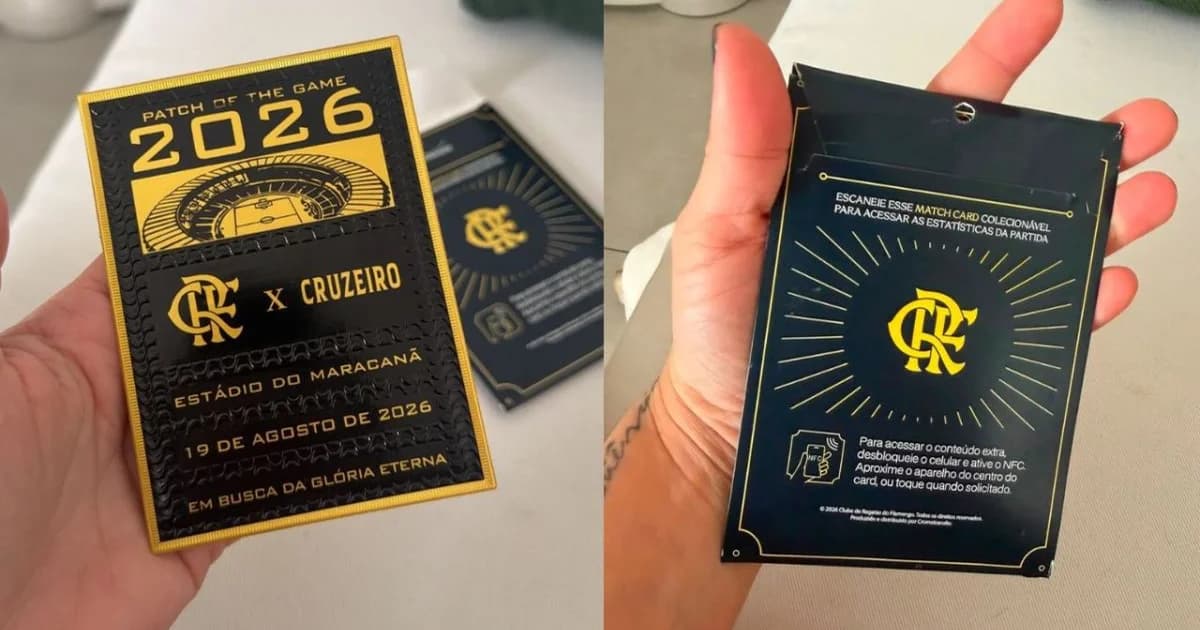 Patch numerado com chip NFC em close, Maracanã ao fundo e torcida com cores rubro-negras, edição limitada 1000.