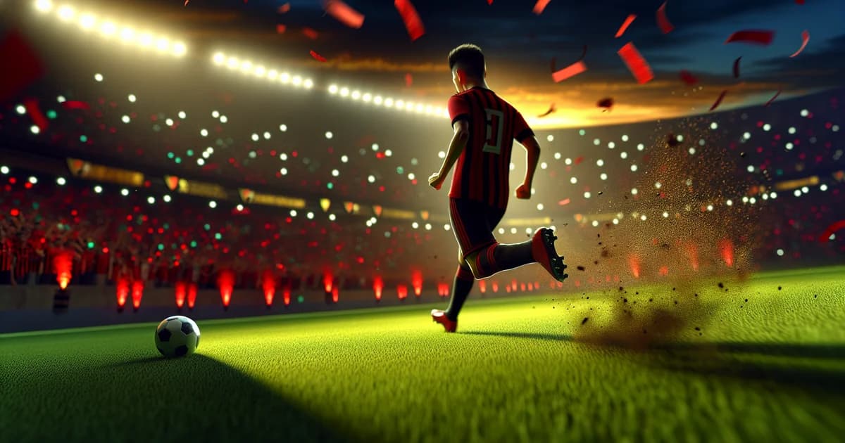 Jovem atacante mexicano de costas com camisa rubro-negra sem logo, estádio iluminado; cena sobre possível empréstimo ao Flamengo.