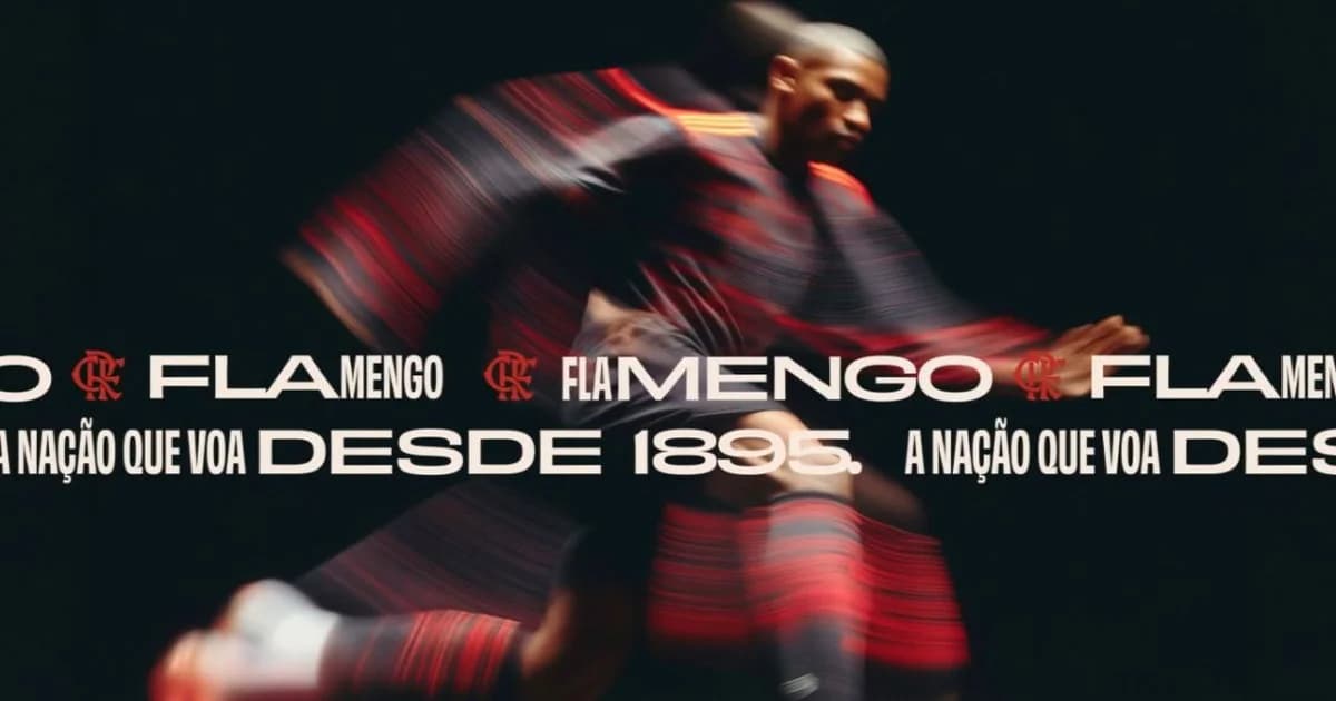 Ilustração editorial do rebranding do Flamengo: estádio, equipe criativa, cinco sprints, 18 badges e duas plataformas, cores vermelho e preto